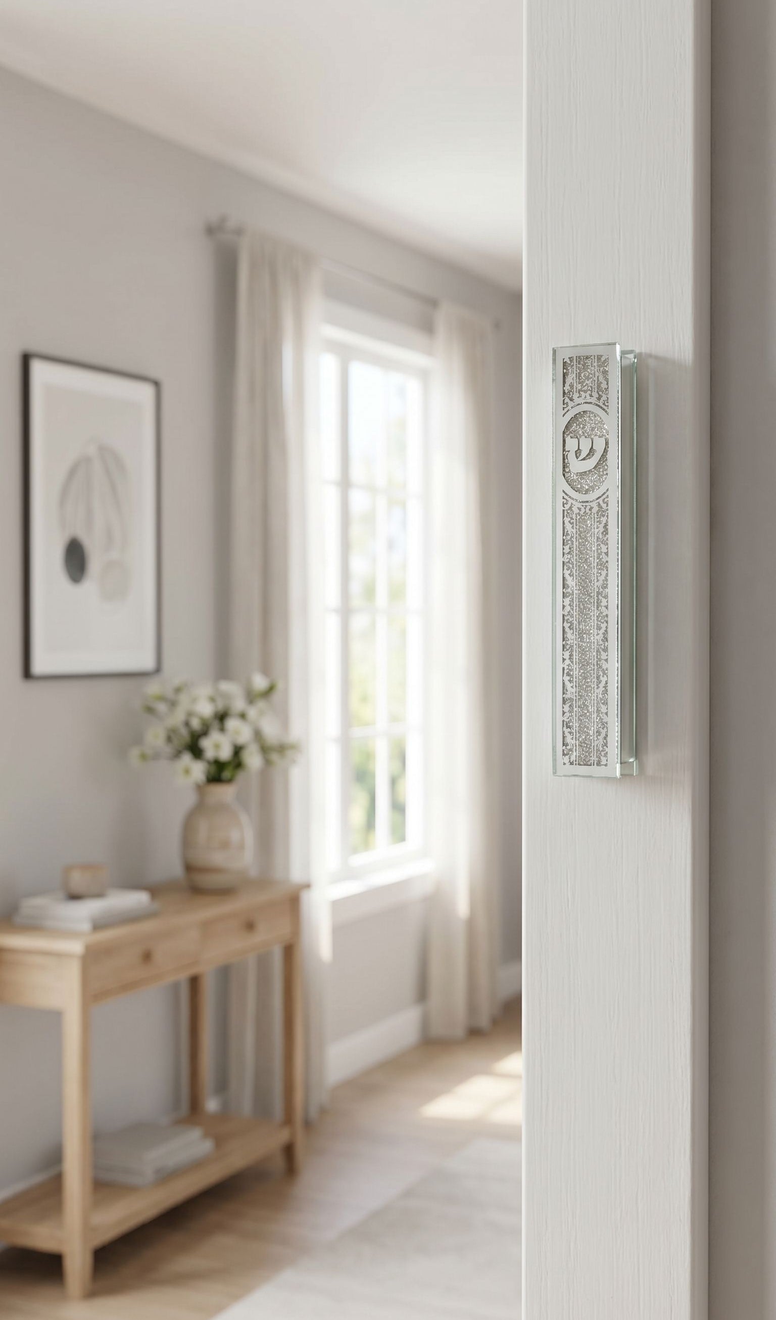 Silver Script Glass Mezuzah case mounted on a doorway, showcasing its modern, elegant design with silver details and clear glass body.