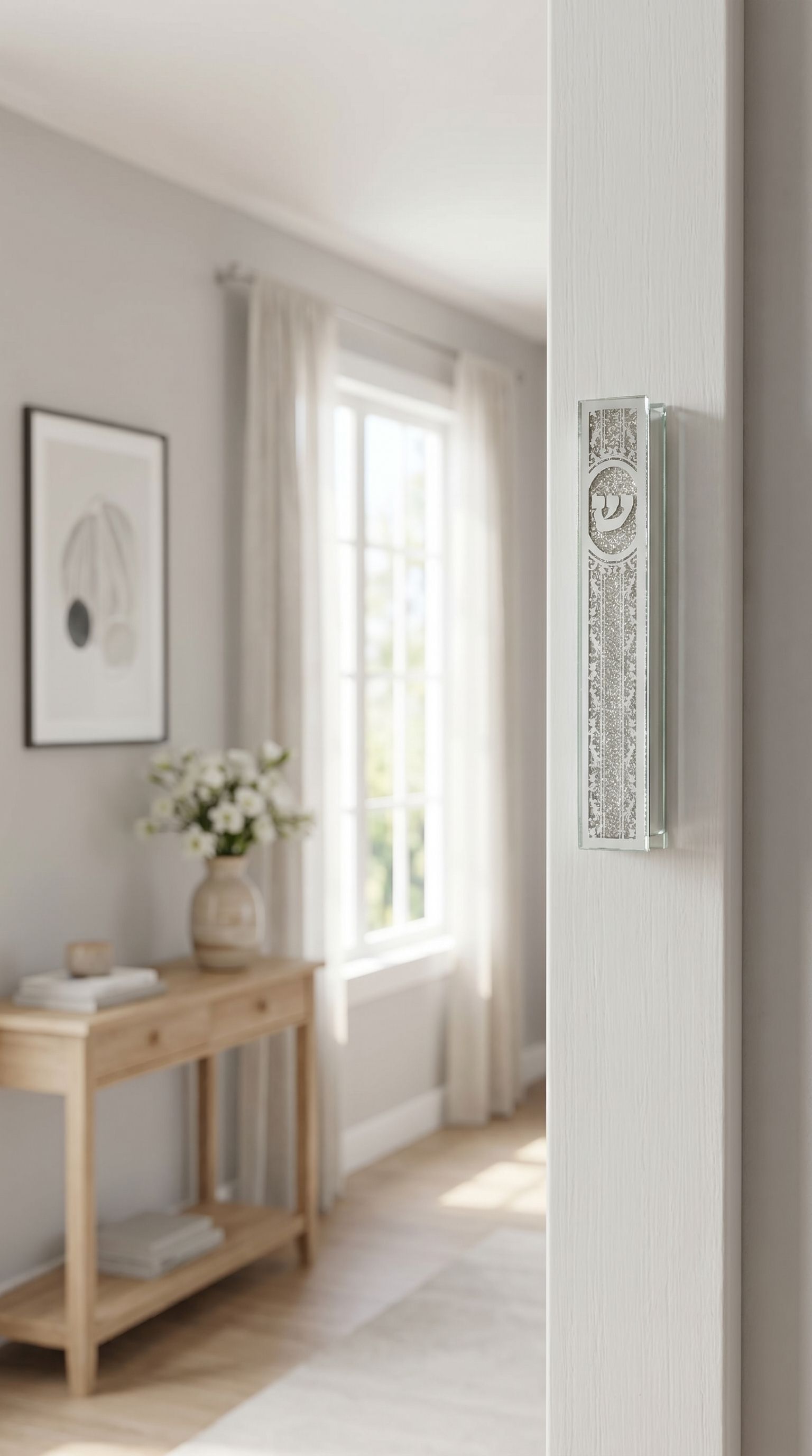 Silver Script Glass Mezuzah case mounted on a doorway, showcasing its modern, elegant design with silver details and clear glass body.