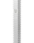 Modern Silver Steps aluminum mezuzah case on a white background with repeating horizontal fins and a centered silver Hebrew Shin