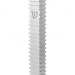 Modern Silver Steps aluminum mezuzah case on a white background with repeating horizontal fins and a centered silver Hebrew Shin