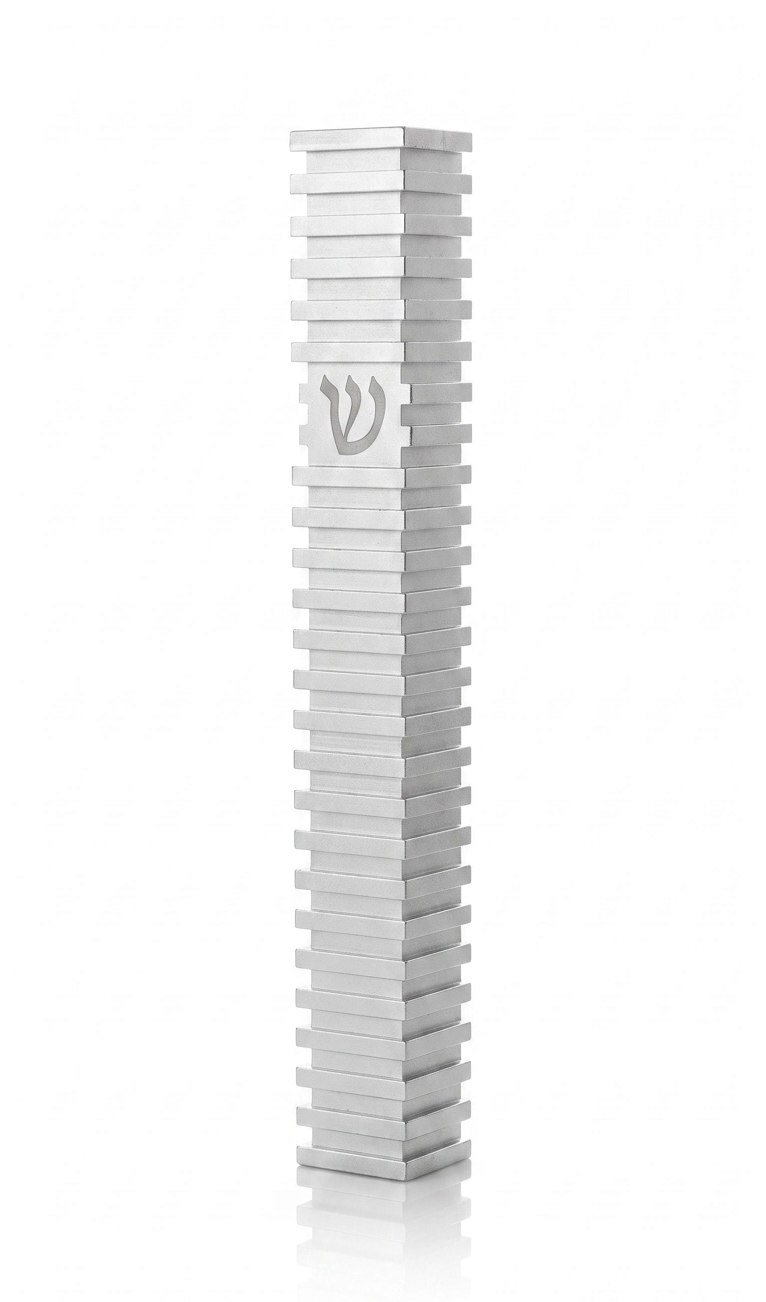 Modern Silver Steps aluminum mezuzah case on a white background with repeating horizontal fins and a centered silver Hebrew Shin
