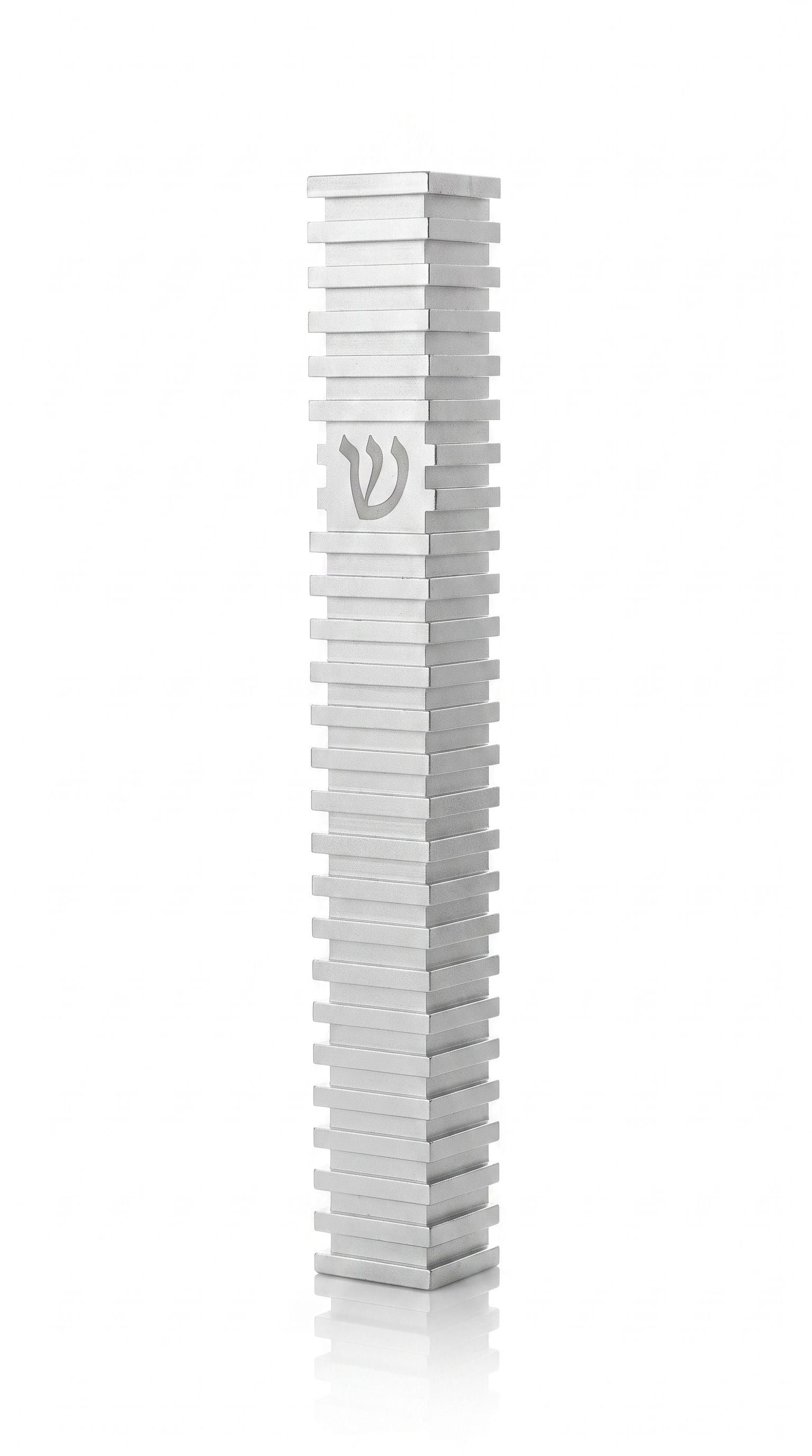 Modern Silver Steps aluminum mezuzah case on a white background with repeating horizontal fins and a centered silver Hebrew Shin