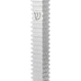 Modern Silver Steps aluminum mezuzah case on a white background with repeating horizontal fins and a centered silver Hebrew Shin