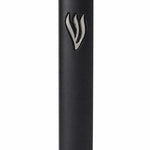 Matte black cement mezuzah case with a raised sculptural silver Shin centered near the upper front