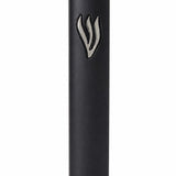 Matte black cement mezuzah case with a raised sculptural silver Shin centered near the upper front