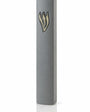 Smooth gray cement mezuzah case with a raised sculptural silver Shin on the upper front
