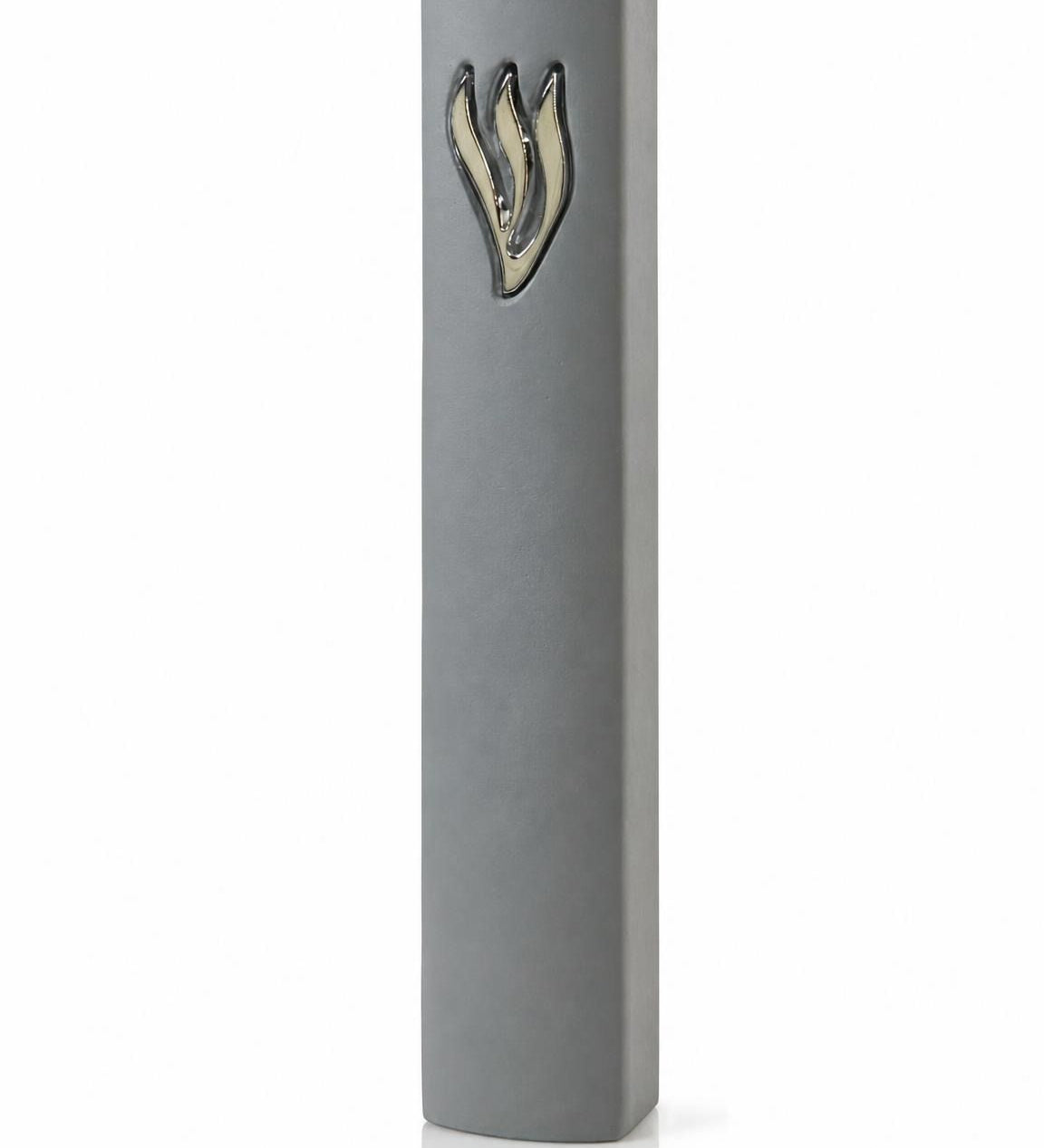 Smooth gray cement mezuzah case with a raised sculptural silver Shin on the upper front