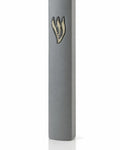 Smooth gray cement mezuzah case with a raised sculptural silver Shin on the upper front
