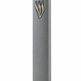 Smooth gray cement mezuzah case with a raised sculptural silver Shin on the upper front