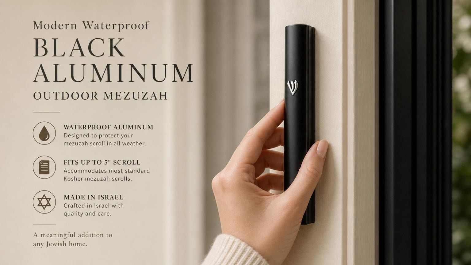 Hand-held view of the modern waterproof black aluminum outdoor mezuzah, showcasing its slim black silhouette with a raised silver Shin