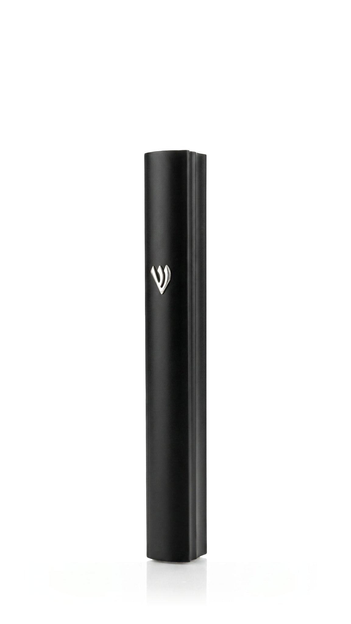Modern waterproof black aluminum mezuzah cover with a smooth dark finish, gently rounded front and raised silver Hebrew Shin, combining a slim minimalist profile with a polished Jewish design for contemporary indoor and outdoor doorways