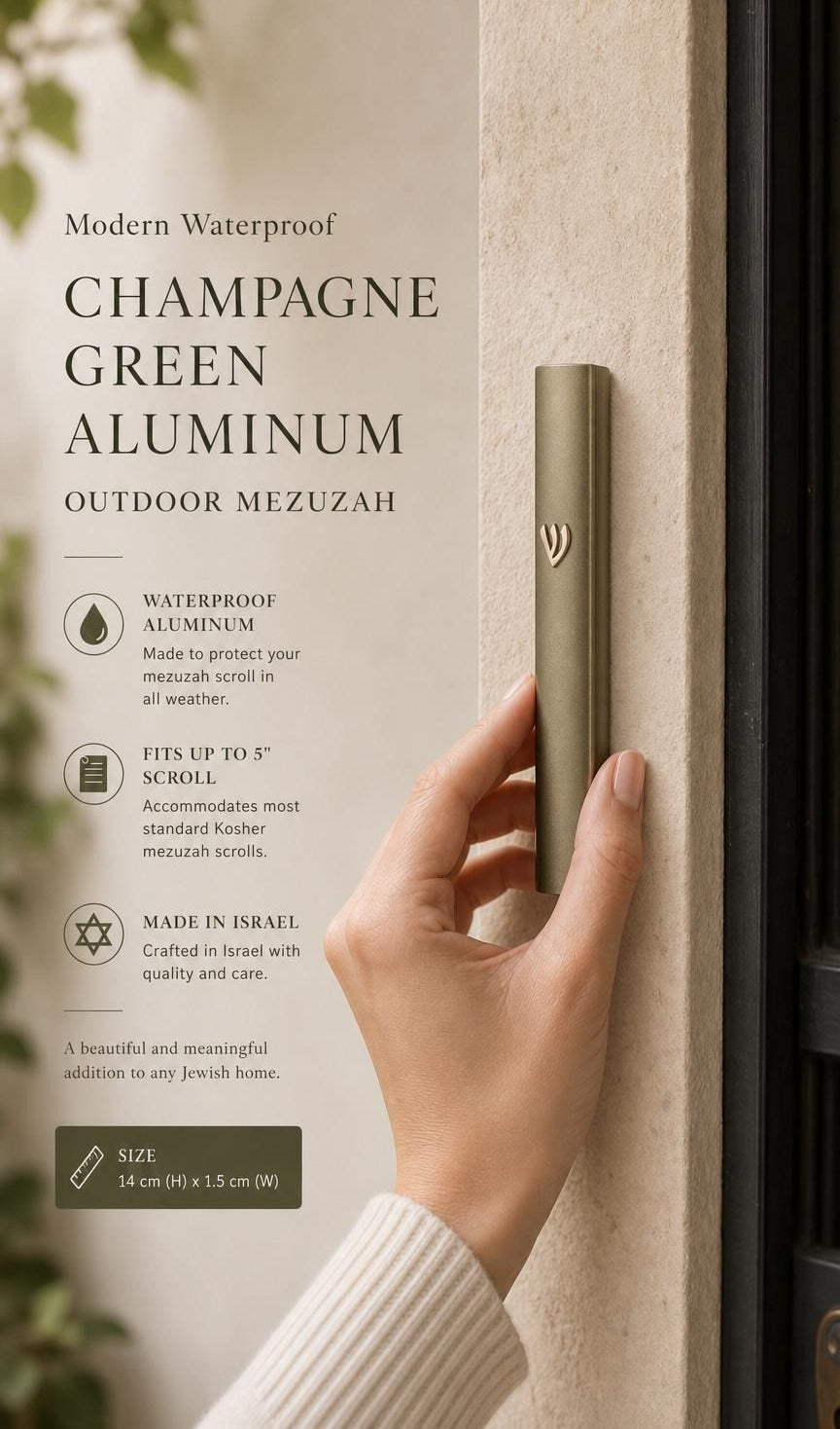 Person holding the modern waterproof champagne green aluminum outdoor mezuzah, showcasing its slim, contemporary design.