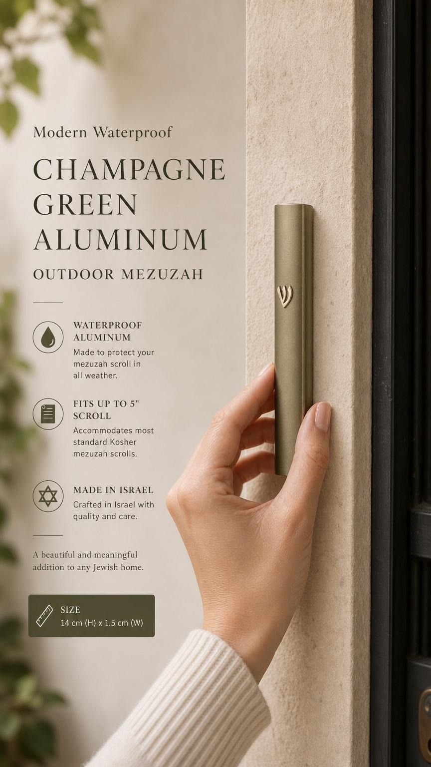 Person holding the modern waterproof champagne green aluminum outdoor mezuzah, showcasing its slim, contemporary design.