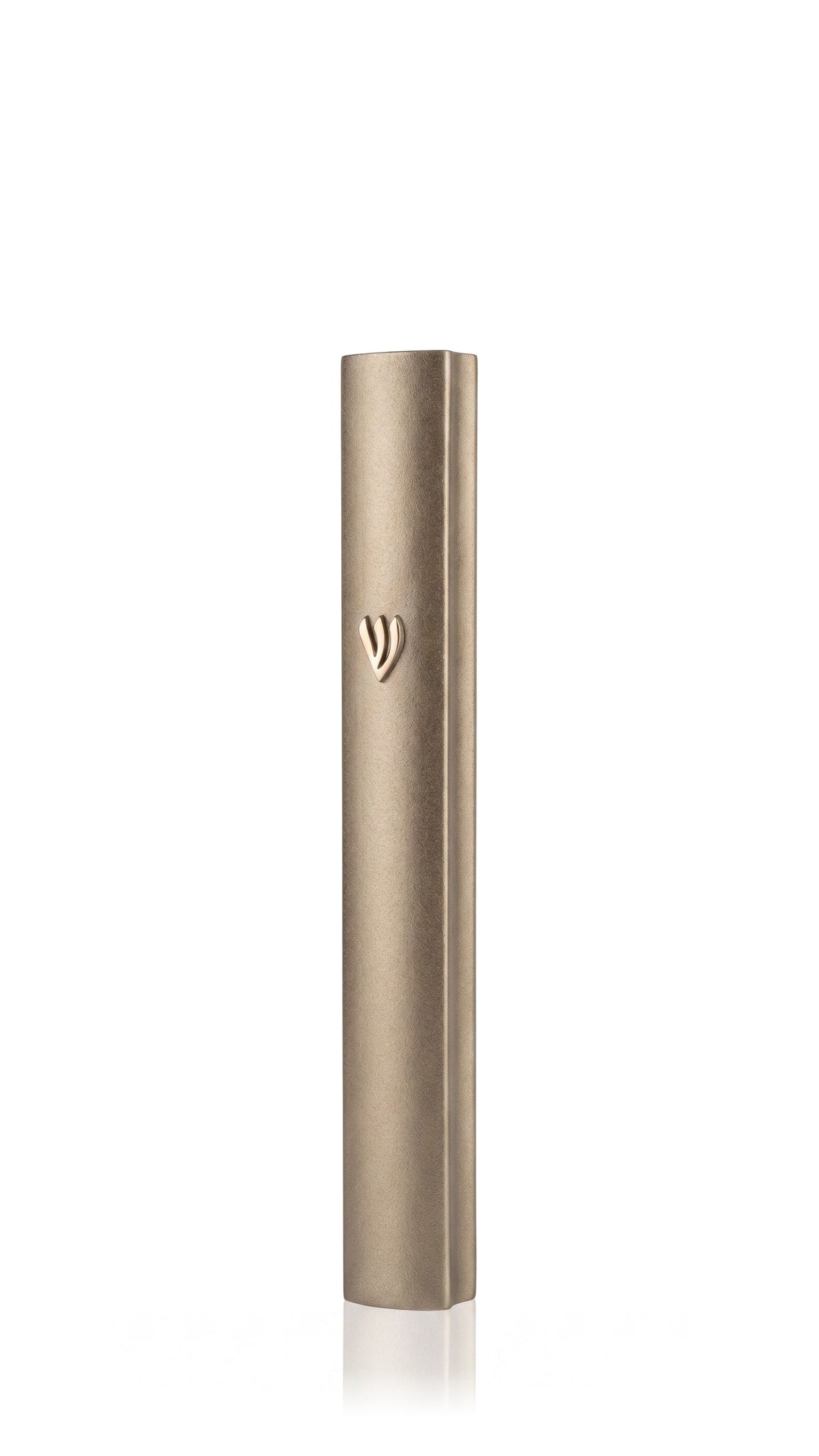 Contemporary champagne green aluminum outdoor mezuzah cover with warm metallic undertones, a small raised Hebrew Shin and a slender rounded profile, bringing an understated neutral finish to modern Jewish home decor