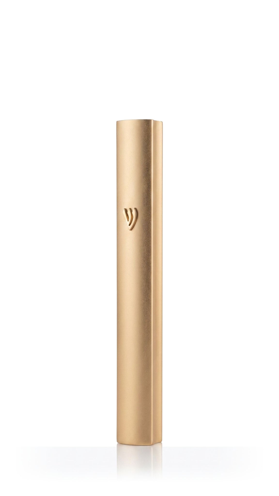 Elegant gold aluminum mezuzah cover with a warm metallic finish, a small raised Hebrew Shin and a smooth narrow body, pairing contemporary minimalist Judaica with the clean design of a waterproof outdoor mezuzah