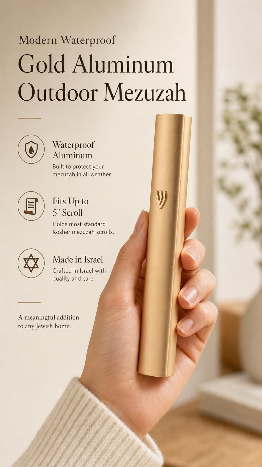 Person holding a modern waterproof gold aluminum outdoor mezuzah, showing its streamlined design and reflective gold finish.