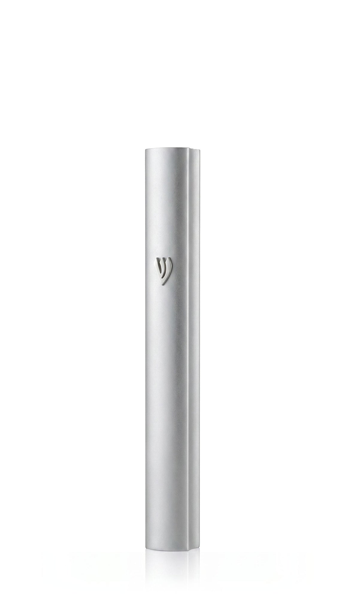 Minimalist silver aluminum outdoor mezuzah cover with a cool metallic finish, raised Hebrew Shin and gently curved front, offering a refined contemporary Jewish doorway accent with a slim waterproof design