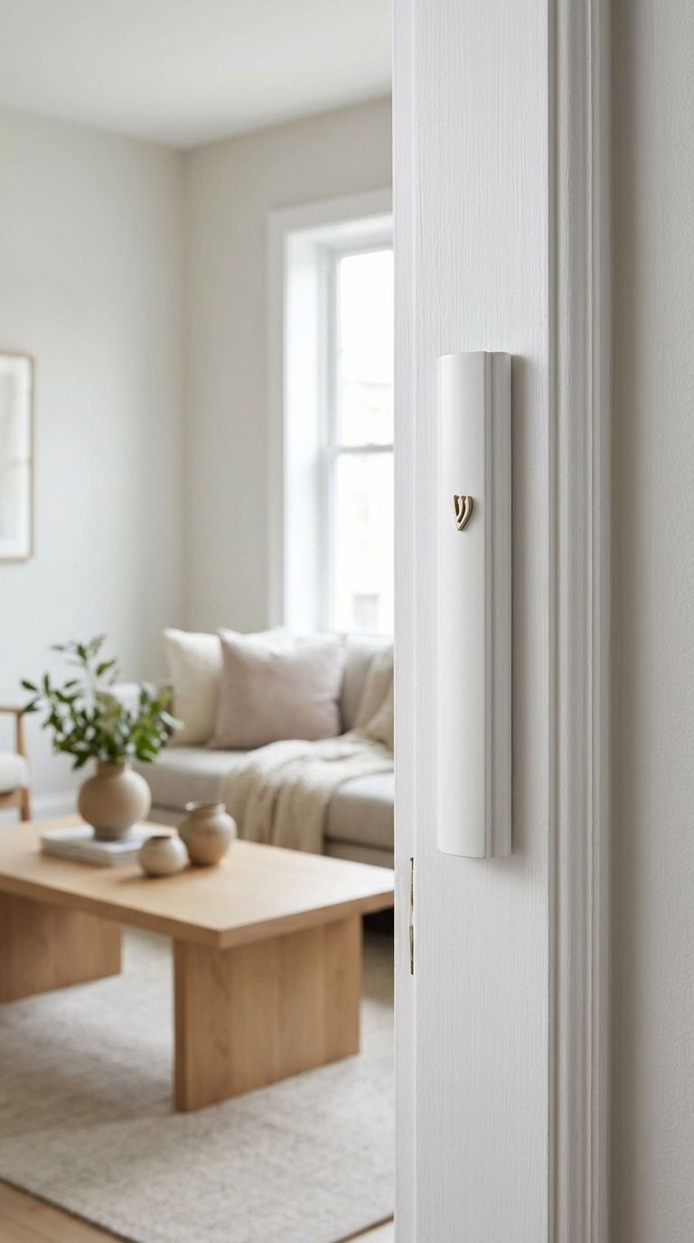 Modern white aluminum mezuzah case mounted on a white interior doorpost, with a small gold-tone Hebrew Shin on its curved face. A bright living room with a sofa and light wood table is visible through the doorway.