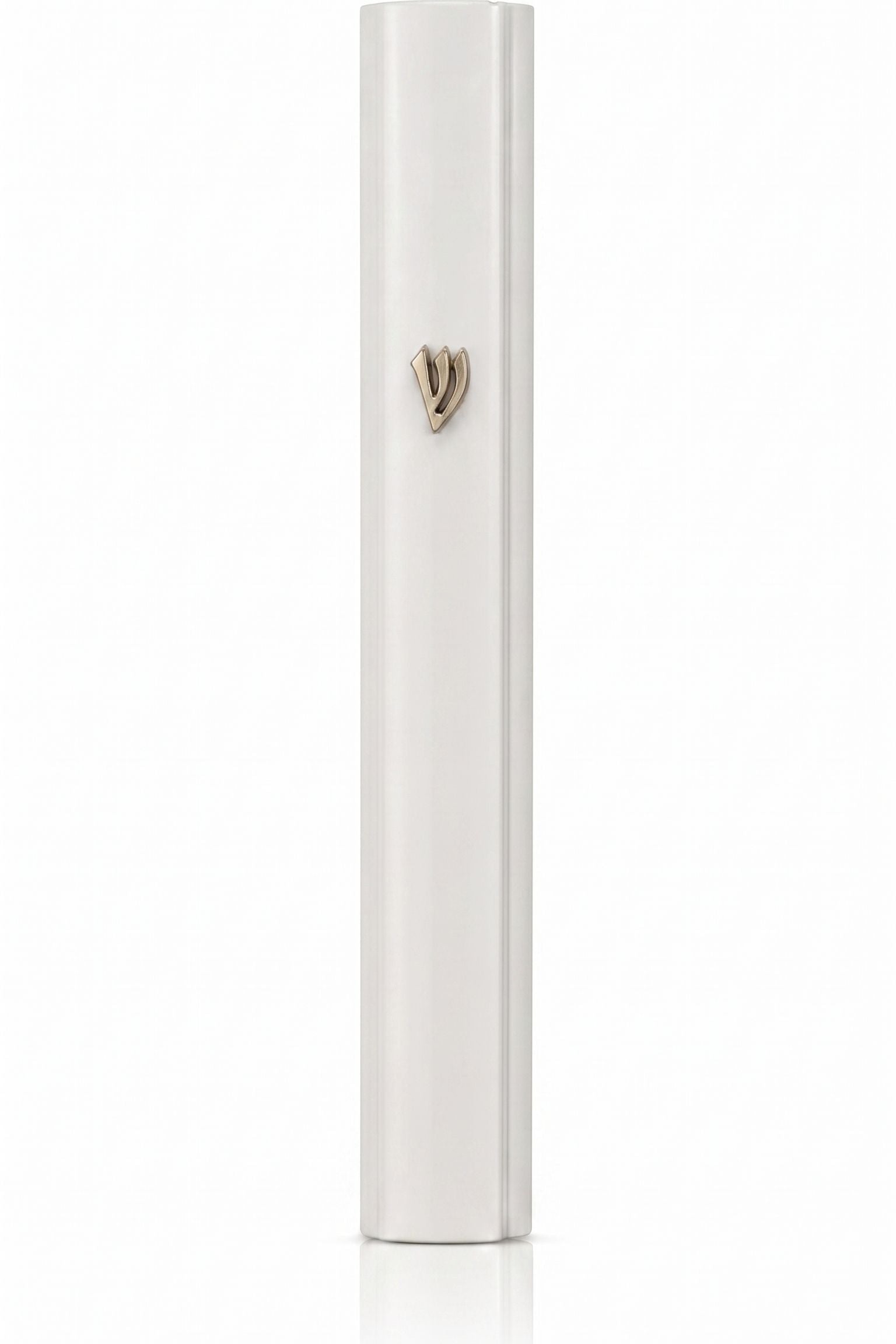 Modern Waterproof White Aluminum Outdoor Mezuzah, 5.5 inches tall, matte white finish with a raised Shin on a slim rectangular body.