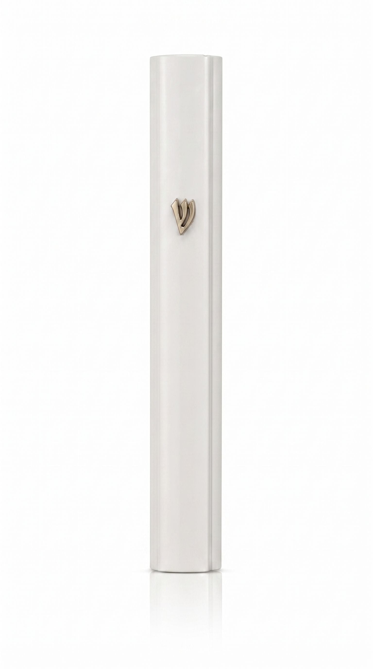 Modern Waterproof White Aluminum Outdoor Mezuzah, 5.5 inches tall, matte white finish with a raised Shin on a slim rectangular body.