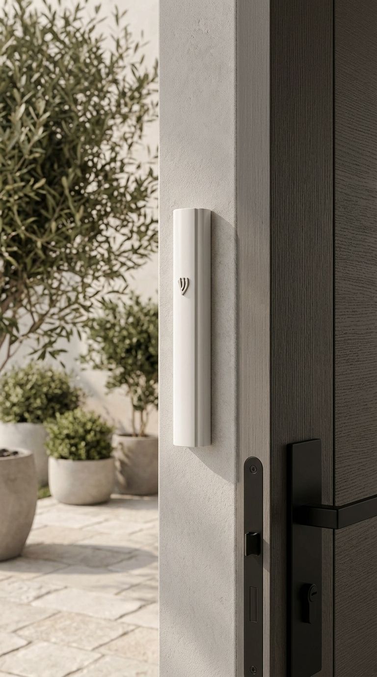 White aluminum outdoor mezuzah case mounted on a light-colored doorpost beside a dark entry door. Its narrow curved face carries a silver-tone Hebrew Shin, with a planted stone patio visible beyond the entrance.