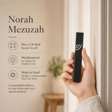 Minimalist Wave black mezuzah specification image highlighting the 4-inch Israeli aluminum body, 2.8-inch kosher scroll fit, waterproof use, and bottom opening