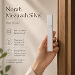 Minimalist Wave silver mezuzah specification image highlighting the 4-inch Israeli aluminum body, 2.8-inch kosher scroll fit, waterproof use, and bottom opening