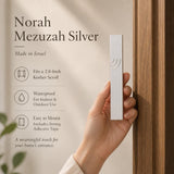 Minimalist Wave silver mezuzah specification image highlighting the 4-inch Israeli aluminum body, 2.8-inch kosher scroll fit, waterproof use, and bottom opening