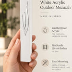 Close-up of the sculpted silver Shin with a polished finish on the smooth white acrylic face of the waterproof seven-inch Israeli mezuzah case for modern door frames