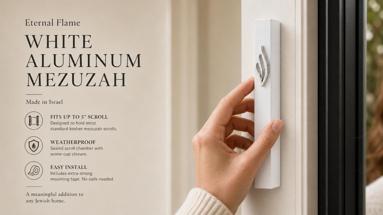 White aluminum mezuzah with eternal flame emblem, modern vertical design, fits kosher scroll, suitable for contemporary Jewish entrances.