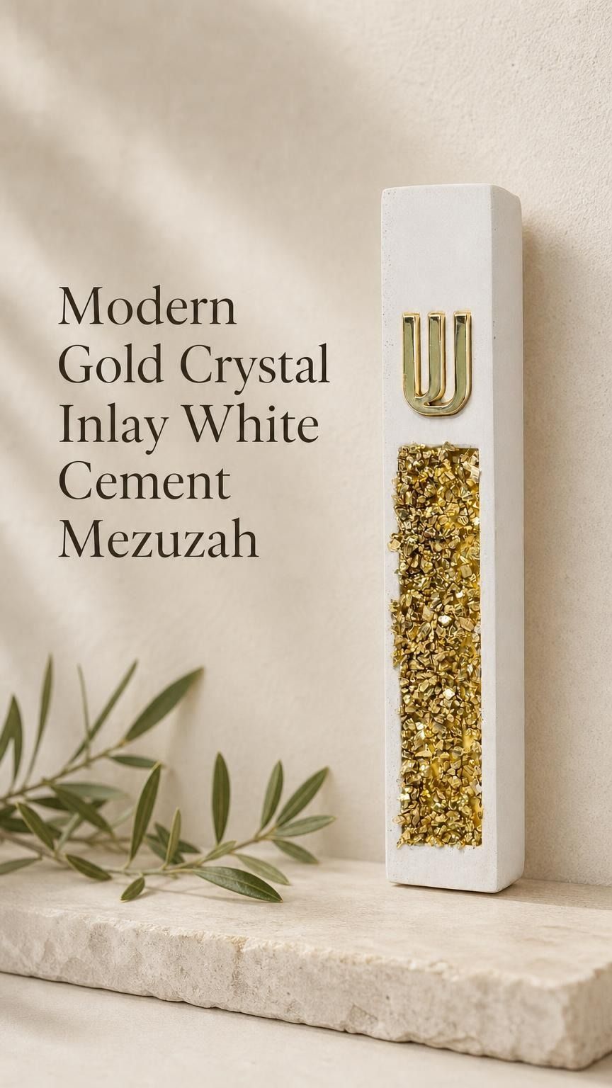 Modern Gold Crystal Inlay White Cement Mezuzah shown beside product details, featuring a raised gold Shin and shimmering gold crystal and glass inlay on a slim contemporary white cement case designed as modern Israeli Judaica for the doorway