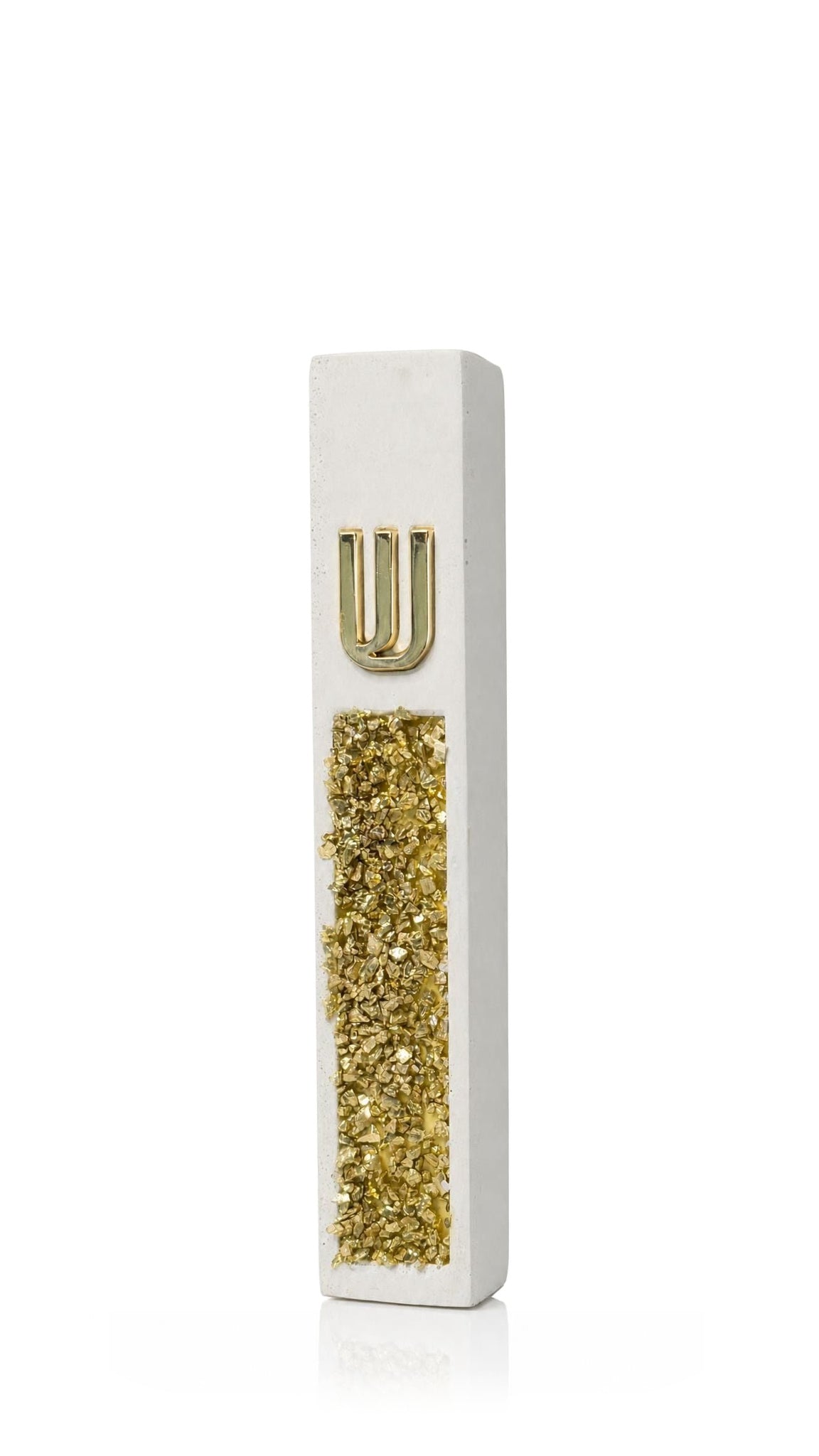 Elegant white cement mezuzah cover with a bright gold crystal and glass inlay and a raised gold Hebrew Shin, contrasting a lightly textured pale frame with warm metallic sparkle in a refined artistic Judaica design
