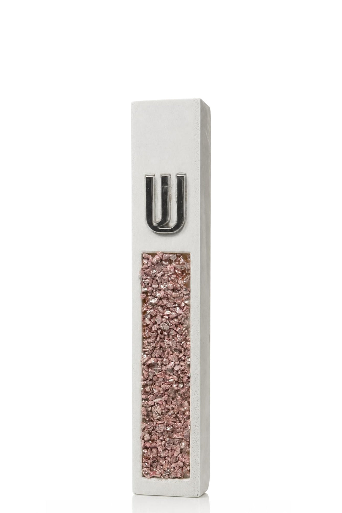 Artistic white cement mezuzah cover with blush and rose pink crystal and glass inlay below a raised silver Hebrew Shin, combining a lightly textured frame with shimmering reflective detail and a graceful contemporary Jewish design