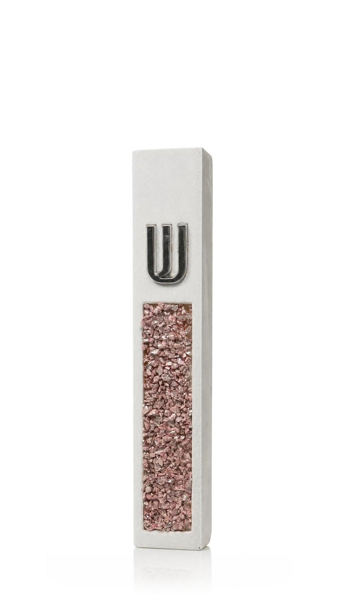 Artistic white cement mezuzah cover with blush and rose pink crystal and glass inlay below a raised silver Hebrew Shin, combining a lightly textured frame with shimmering reflective detail and a graceful contemporary Jewish design