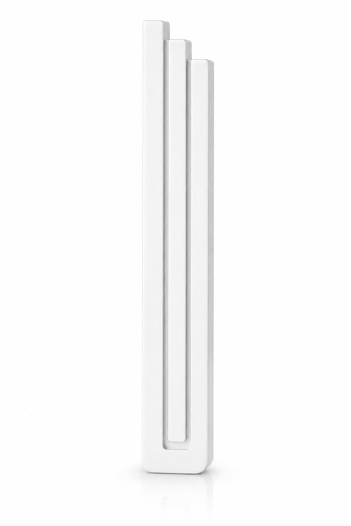 Modern White Pyramid Mezuzah with three stepped aluminum bars, slim architectural profile and clean white finish