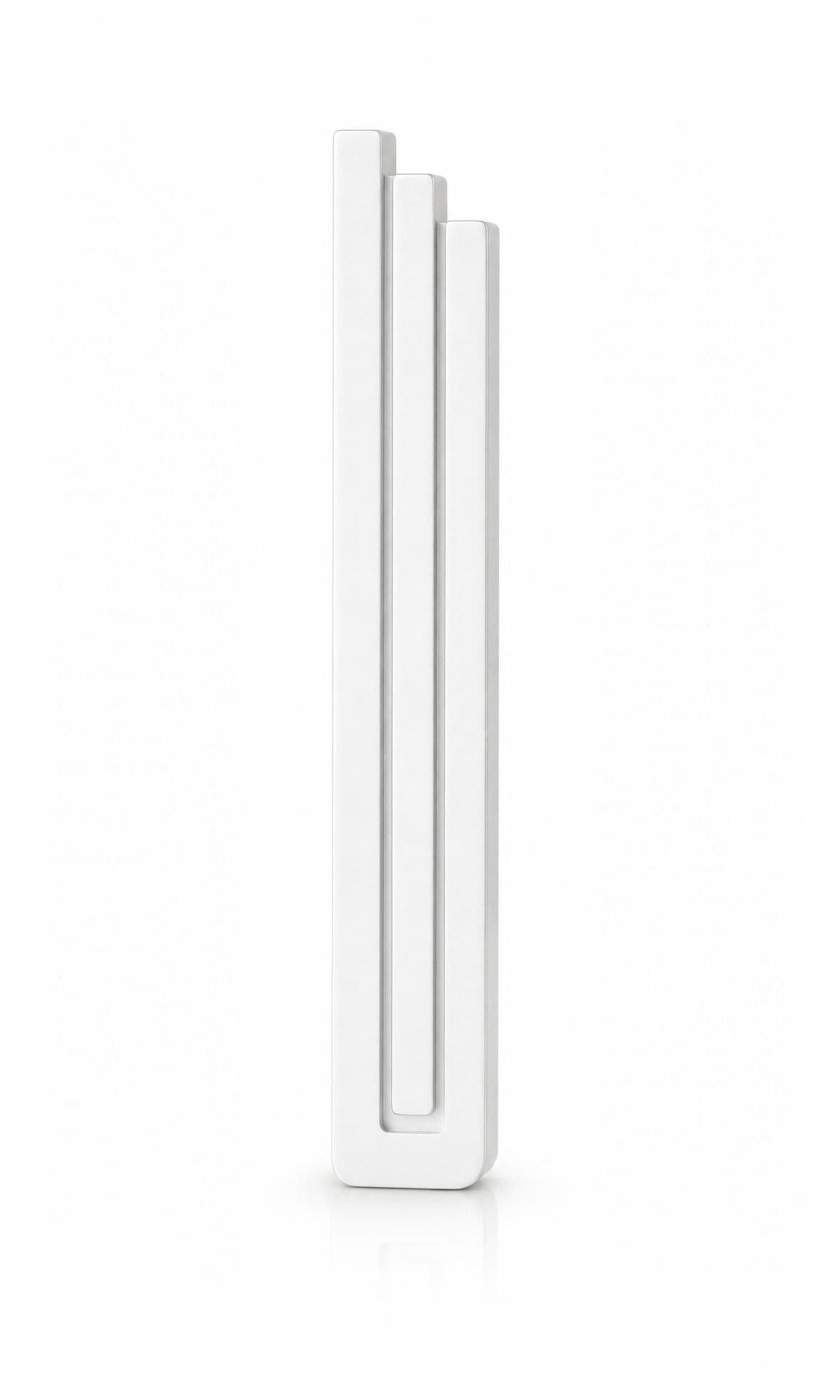 Modern White Pyramid Mezuzah with three stepped aluminum bars, slim architectural profile and clean white finish