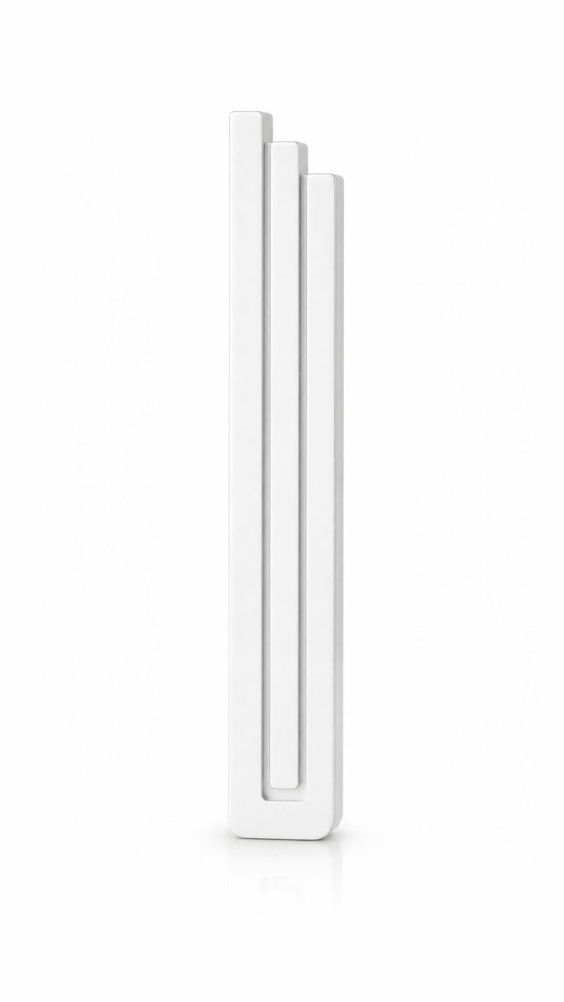 Modern White Pyramid Mezuzah with three stepped aluminum bars, slim architectural profile and clean white finish