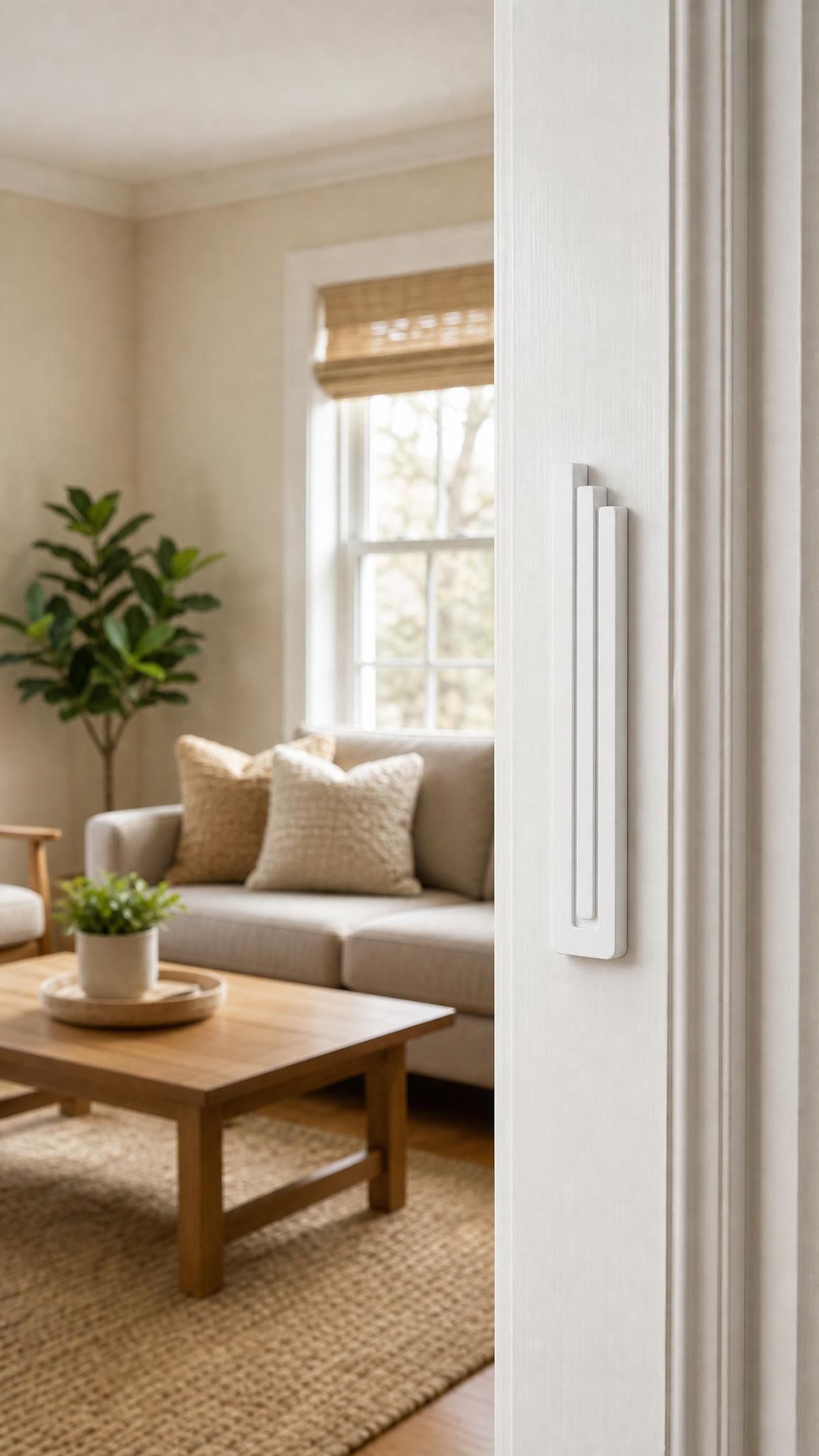 Indoor lifestyle scene showing the modern white pyramid mezuzah mounted on a residential doorpost, with a view into the room.