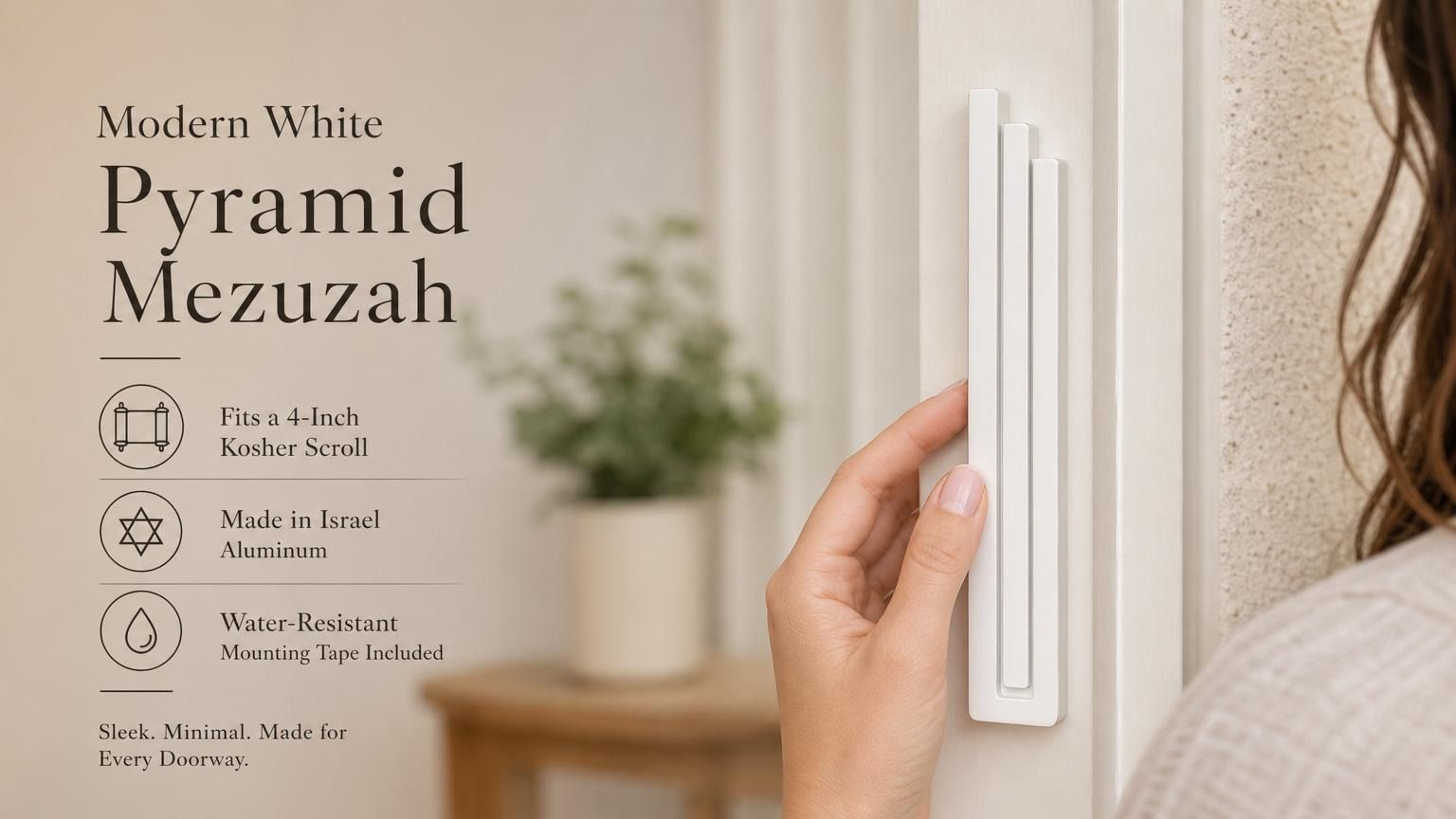 Person holding the exact modern white pyramid mezuzah showcasing its stepped architectural design, on the left with editorial text on the right in neutral tones