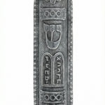 Upscale professional image of a Moroccan Blessing Mezuzah made of pewter, 3.5 inches tall, on a white studio background with a subtle reflection.