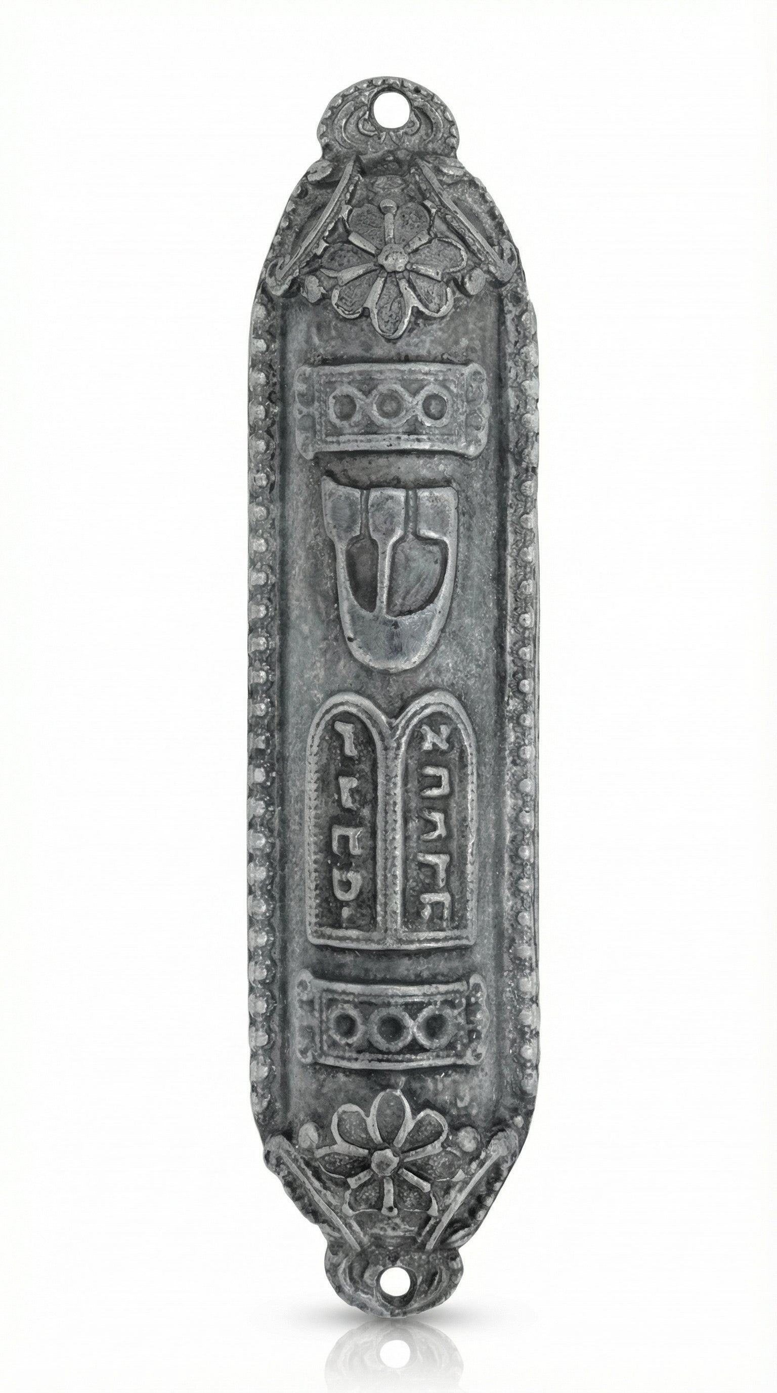 Upscale professional image of a Moroccan Blessing Mezuzah made of pewter, 3.5 inches tall, on a white studio background with a subtle reflection.
