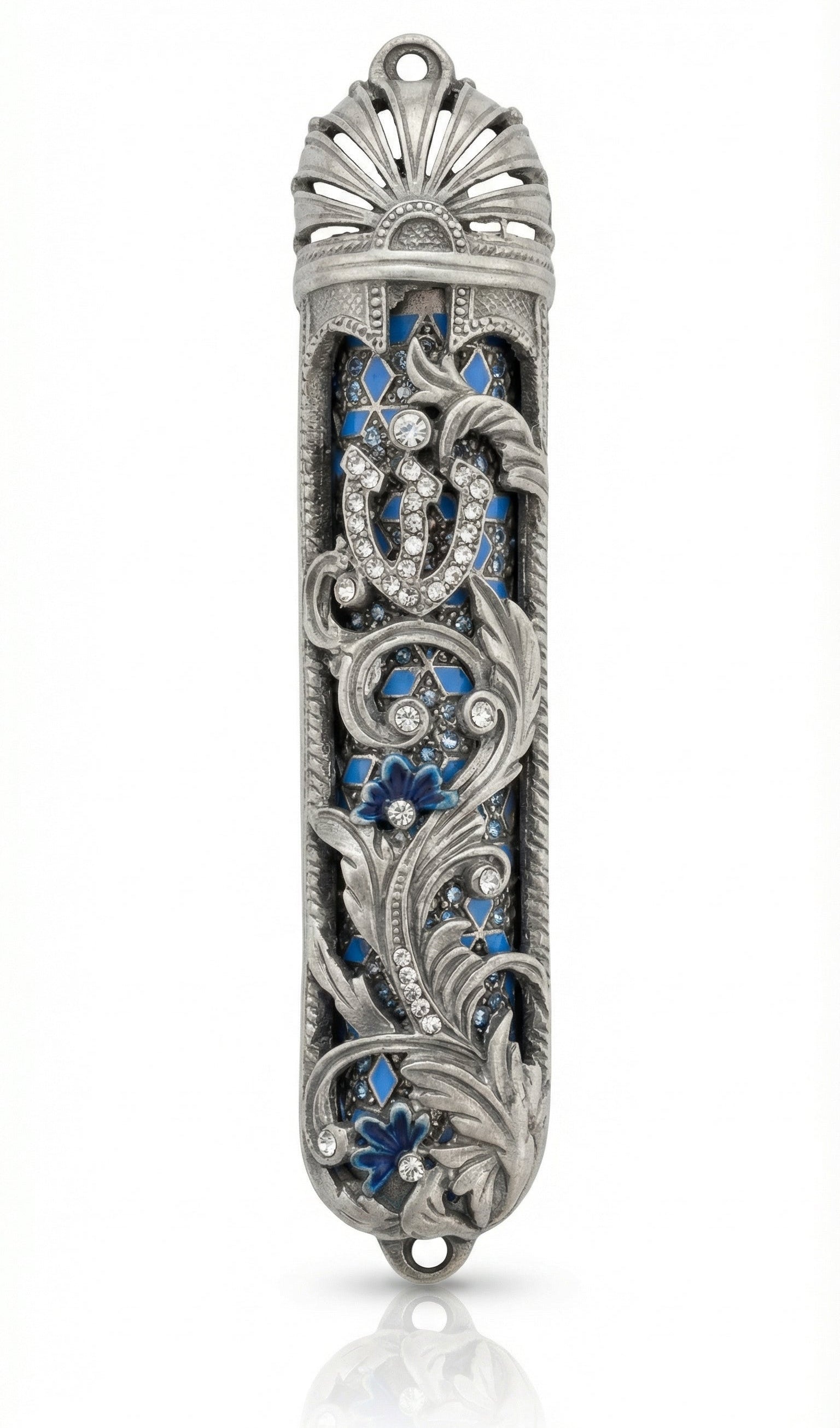 Blue accented Moroccan garden mezuzah with floral and vine motifs, layered detail, and hope rays, designed for home blessing and adornment.