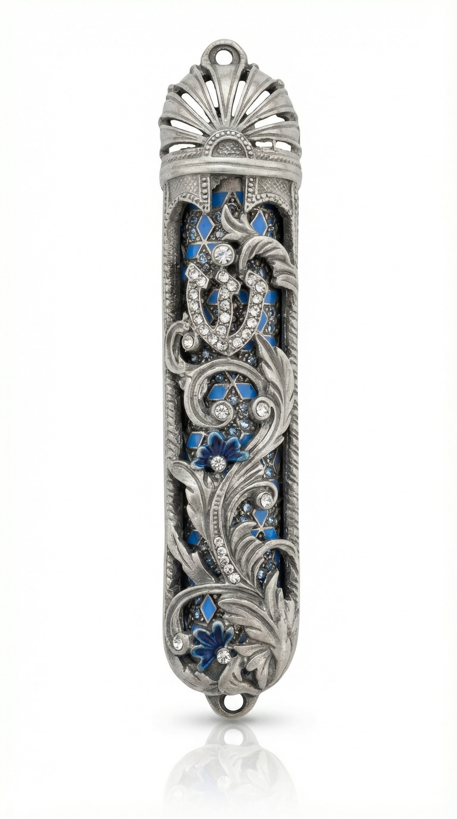 Blue accented Moroccan garden mezuzah with floral and vine motifs, layered detail, and hope rays, designed for home blessing and adornment.