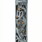 Detailed 5.5 inch pewter Moroccan Garden Mezuzah with floral vines, accent stones, layered detail, and decorative motifs, perfect for home blessings.