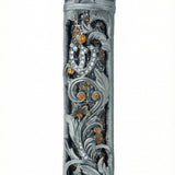 Detailed 5.5 inch pewter Moroccan Garden Mezuzah with floral vines, accent stones, layered detail, and decorative motifs, perfect for home blessings.