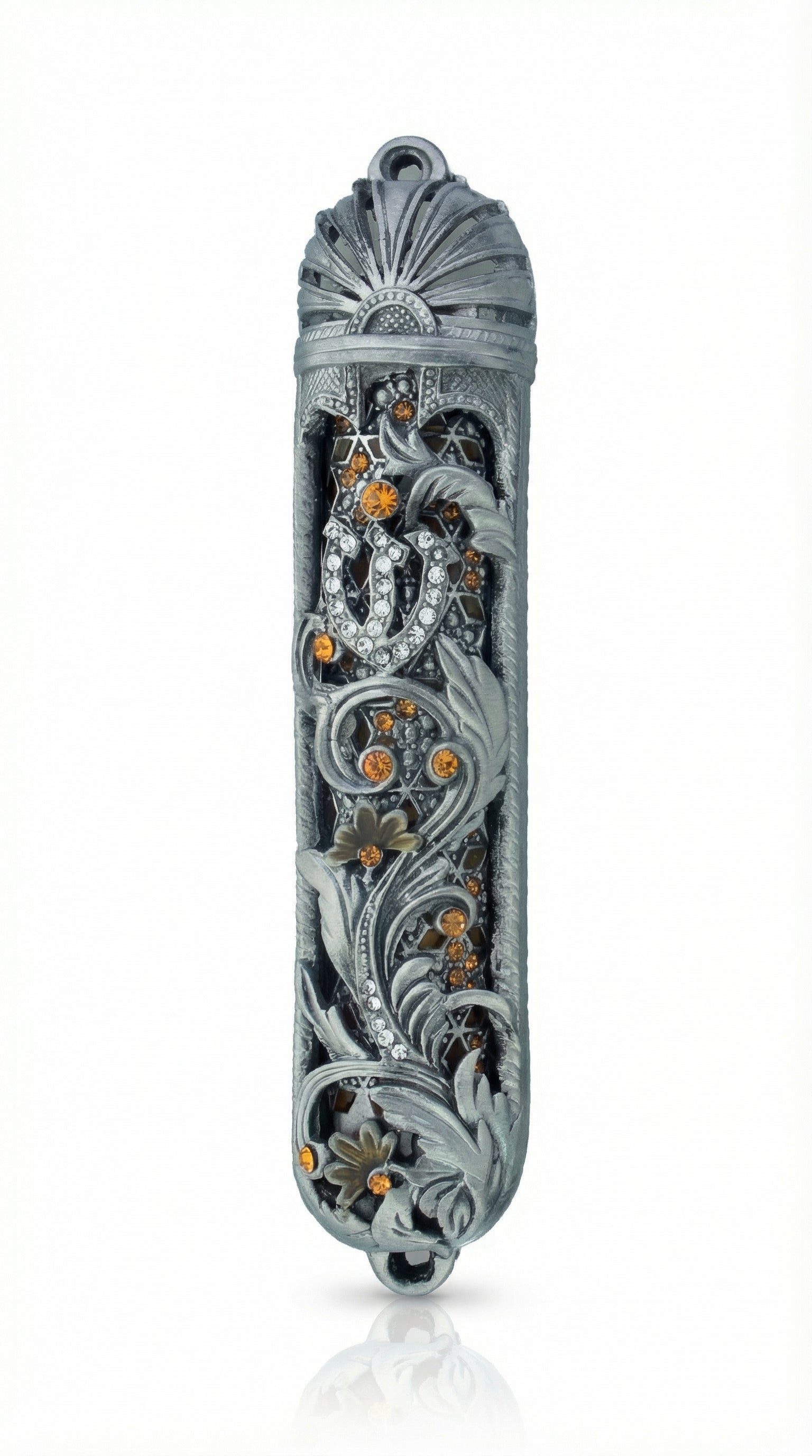 Detailed 5.5 inch pewter Moroccan Garden Mezuzah with floral vines, accent stones, layered detail, and decorative motifs, perfect for home blessings.