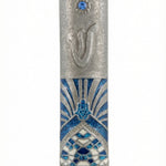 Blue Moroccan Mezuzah made of pewter with hand-painted enamel, 4 inches tall, shown on a white studio background with a soft reflection.