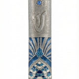 Blue Moroccan Mezuzah made of pewter with hand-painted enamel, 4 inches tall, shown on a white studio background with a soft reflection.