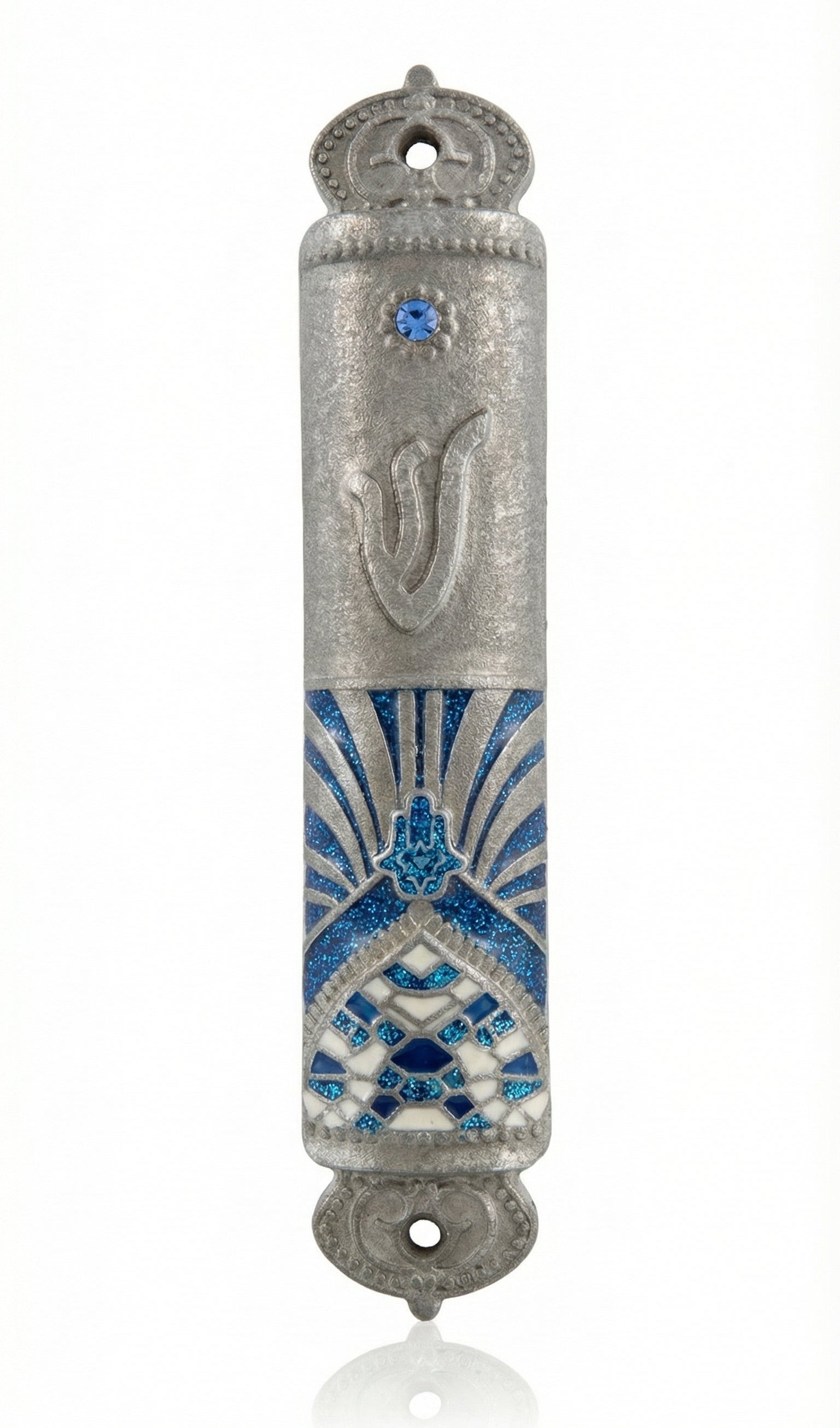Blue Moroccan Mezuzah made of pewter with hand-painted enamel, 4 inches tall, shown on a white studio background with a soft reflection.