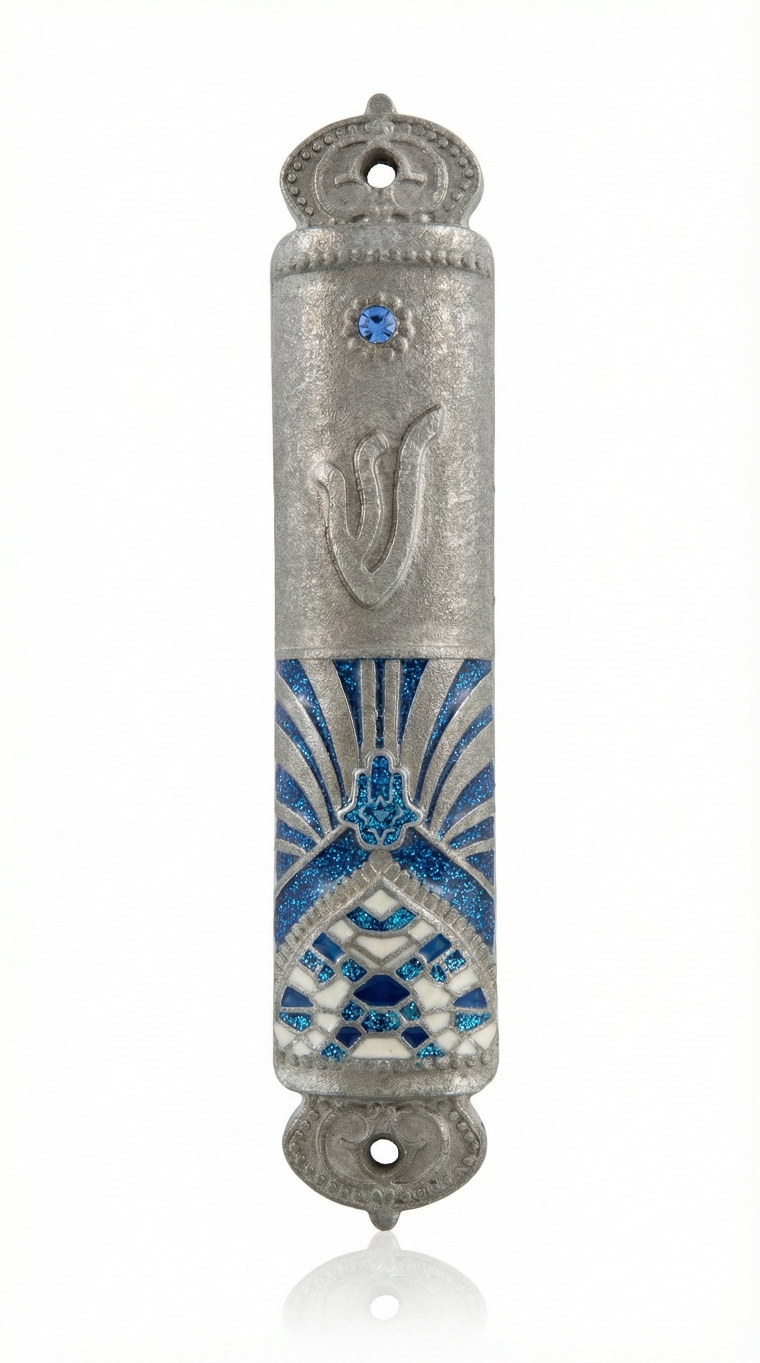 Blue Moroccan Mezuzah made of pewter with hand-painted enamel, 4 inches tall, shown on a white studio background with a soft reflection.